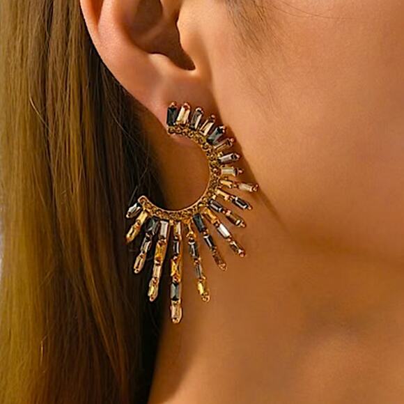 Gold Zircon Celestial Statement Earrings Abstract Geometric - Picture 2 of 4